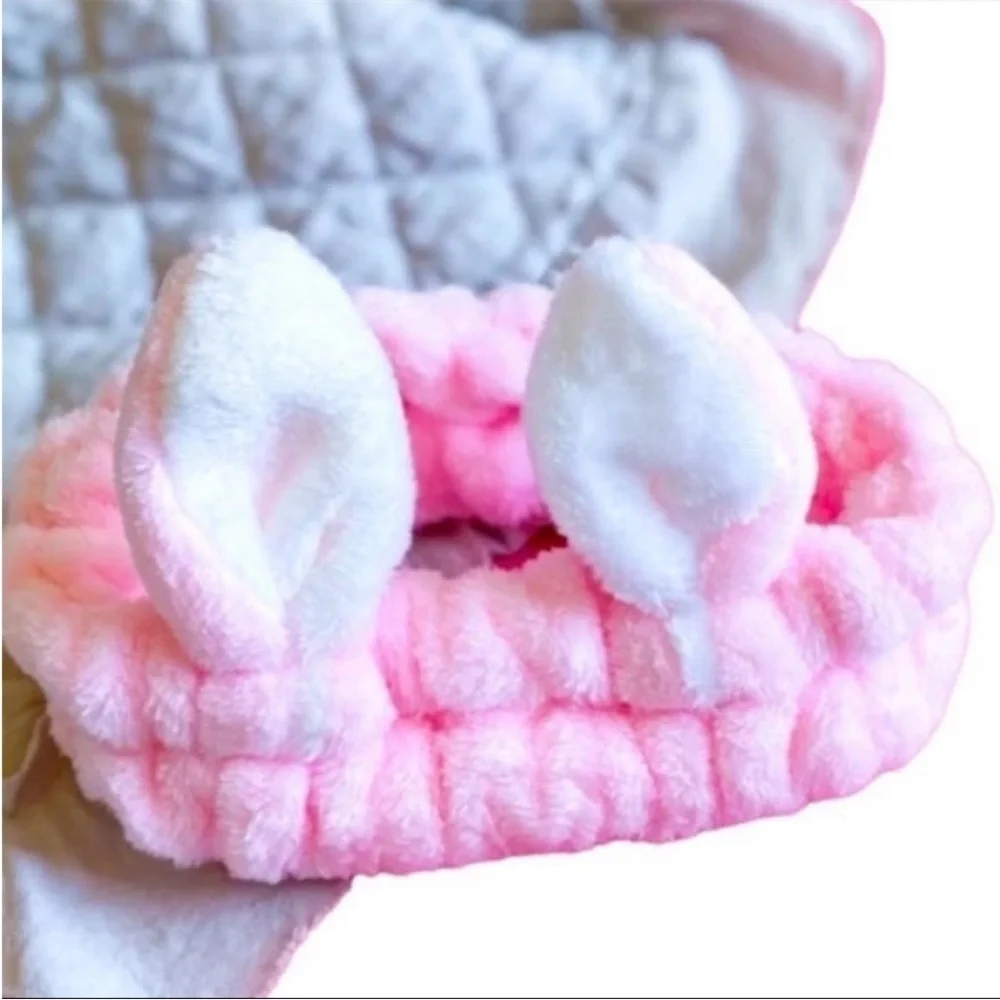 Makeup Headband Pink Bunny Ears Soft Plush Skincare Headband Spa Headband